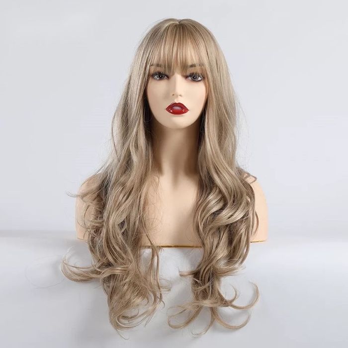 Peruca T21 blonda gri blond cenustiu breton lunga creata ondulata
