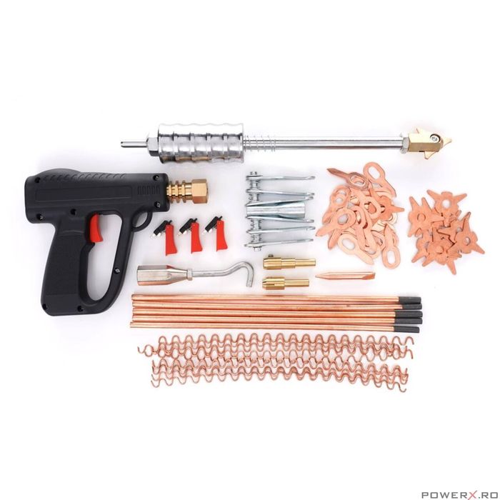 Set pistol si accesorii pentru tras tabla auto, 86 elemente, sudura in