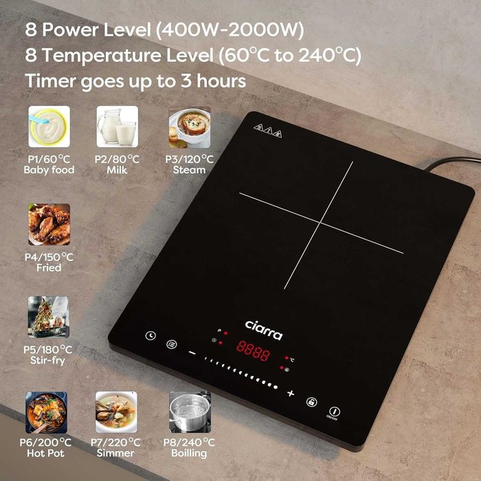 Индукционен Котлон CIARRA , 2000W, Сензорен Контрол, 8 Нива на Мощност
