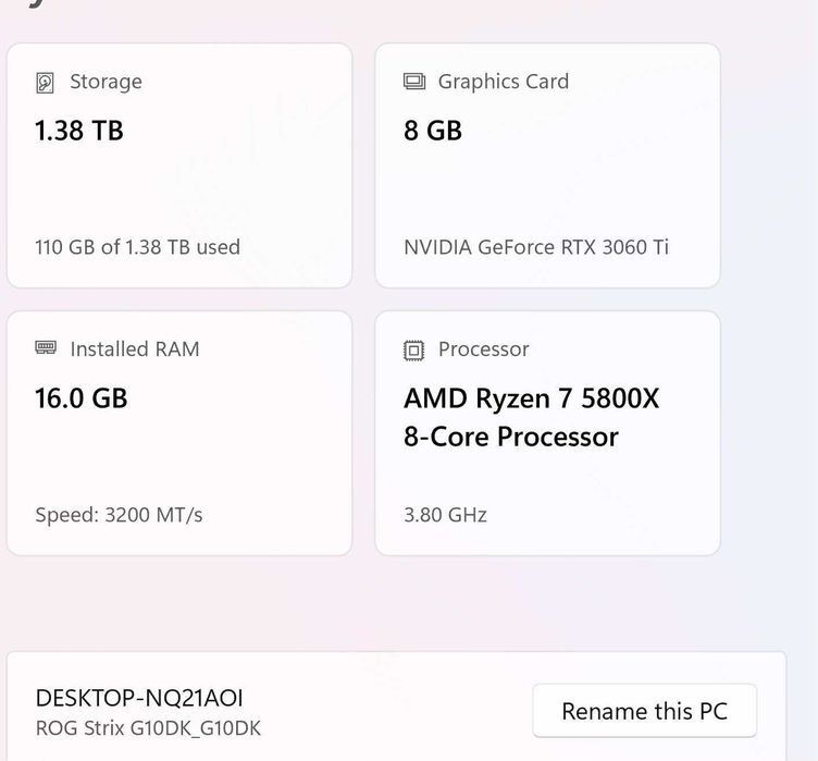PC Gaming ROG Strix – Ryzen 7 5800X, RTX 3060 Ti, 16GB RAM, SSD + HDD