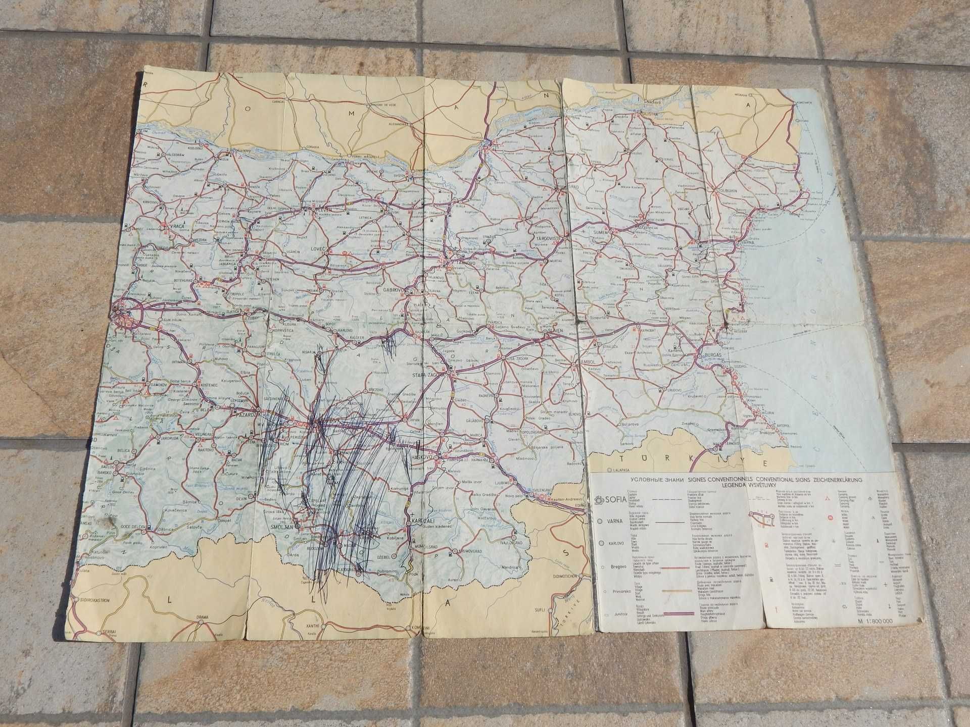 Harta rutiera Bulgaria scara 1:800000 anii 1980 uzata