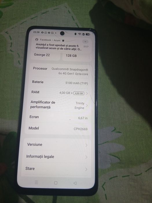 Oppo A40,Stare buna,este spart în partea de sus a ecranului