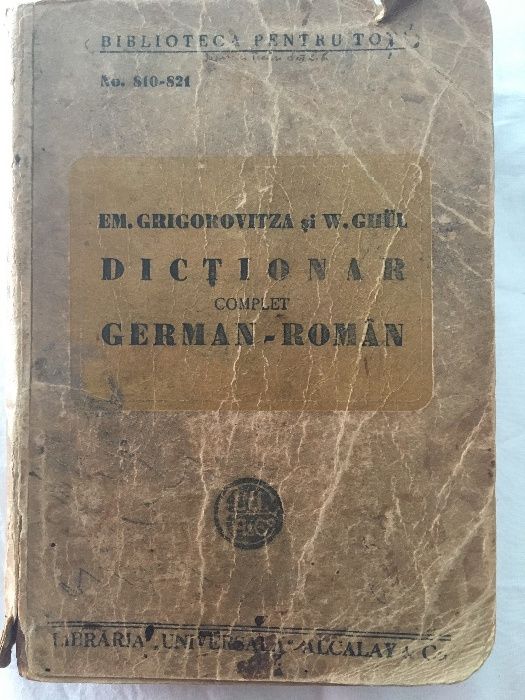 Vand carte dicționar bibliofil German Roman, Grigorovitza si Ghul