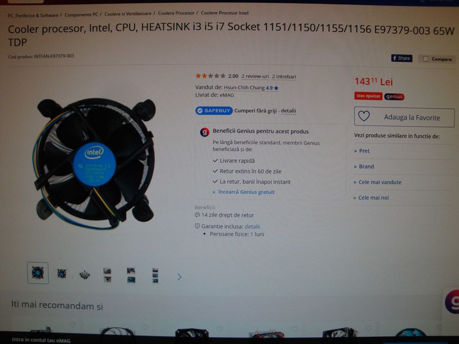 Cooler procesor intel CPU Heatsick i3 i5 E97379-003 sk 1151 1150 1155