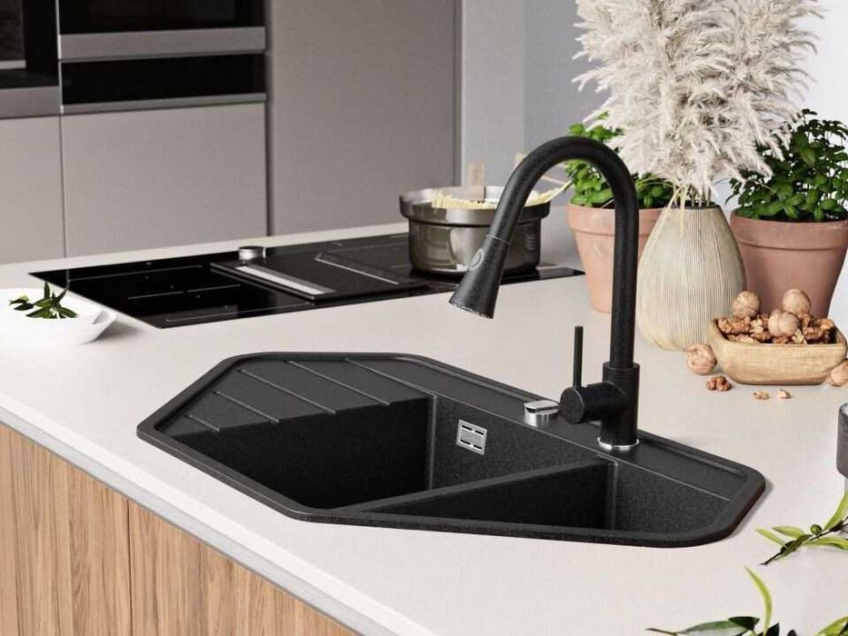 Графит ъглова кухненска гранитна мивка Копенхаген 900 Corner 900x500 м