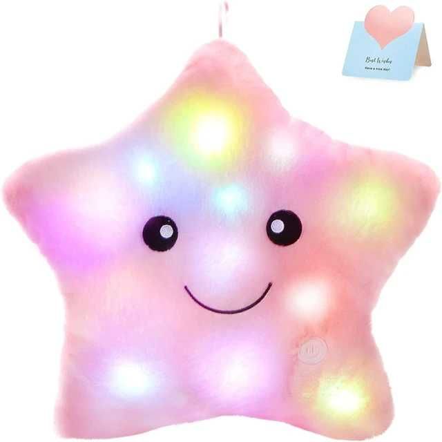 Pluș Stea cu lumini LED multicolore. Buton ON/OFF. Roz. 34cm