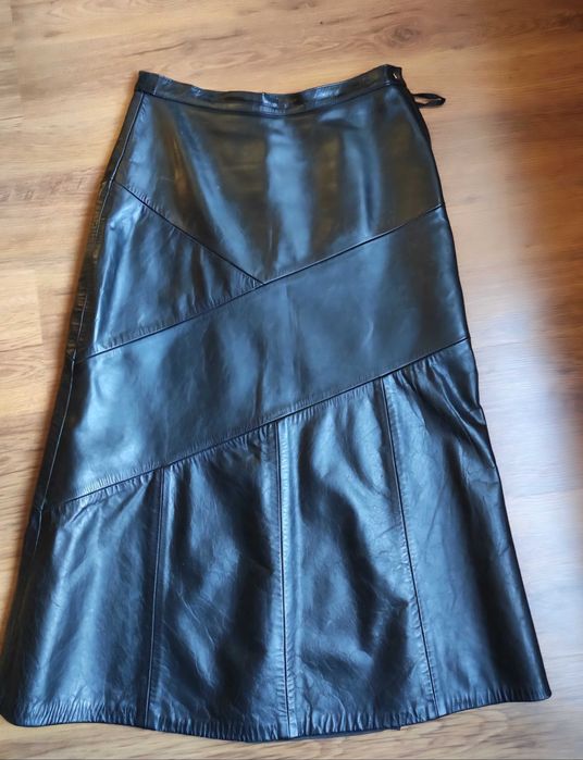 Дълга черна лъскава кожена пола от истинска естествена кожа, размер L