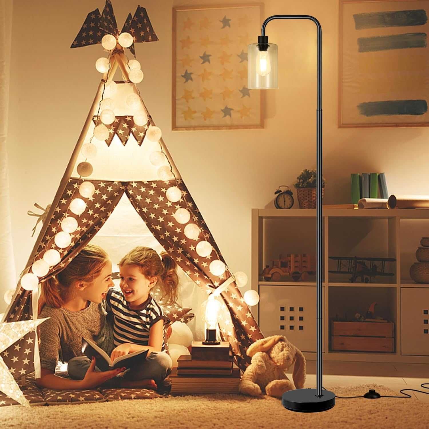 TONGLIN Индустриална подова лампа с LED крушки и стъклен абажур, черна
