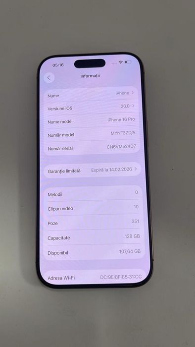 Telefon mobil Apple iPhone 16 Pro, 128GB, 5G -A-