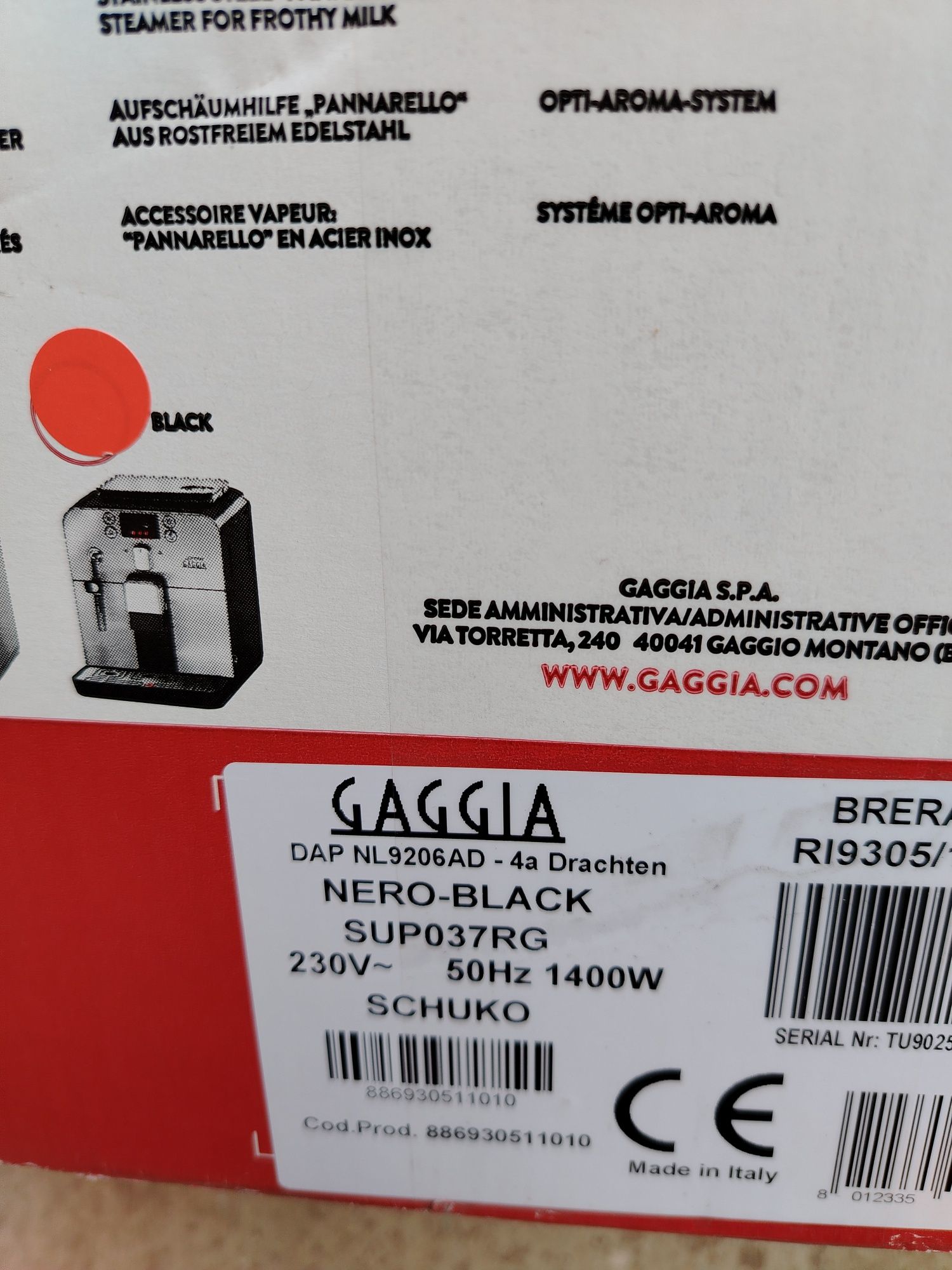 Gaggia Brera Automat de Espresso, 1400W, Presiune 15bar, Neagru