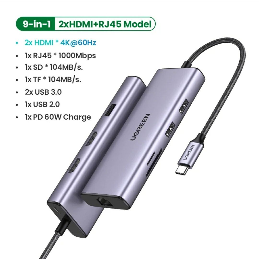 Type-C Хаб, Ugreen CM490, два HDMI оба 4К, зарядка Type-C