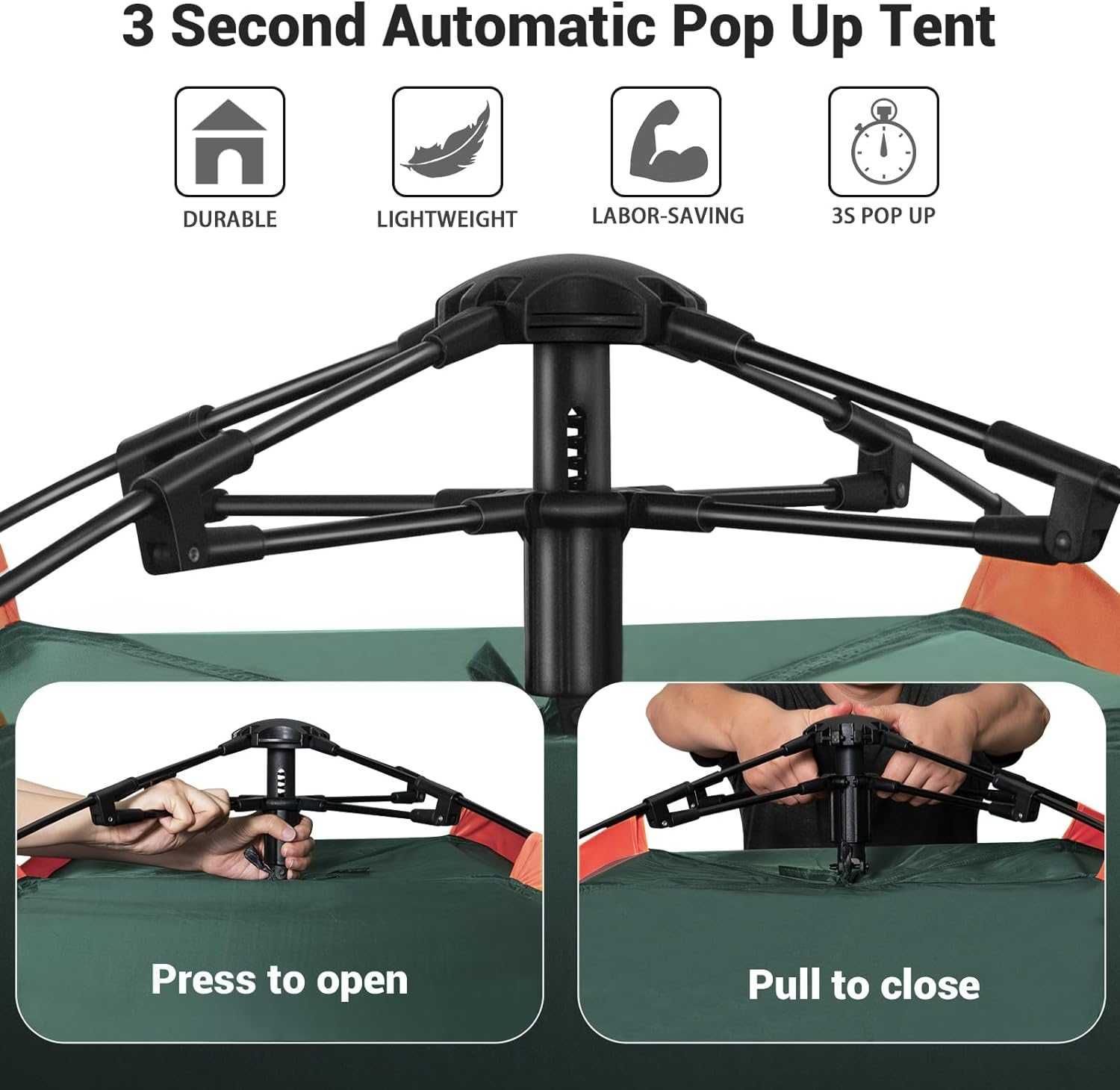 Палатка за къмпинг Cflity, за 3 човека, Автоматична,трипластова,зелена