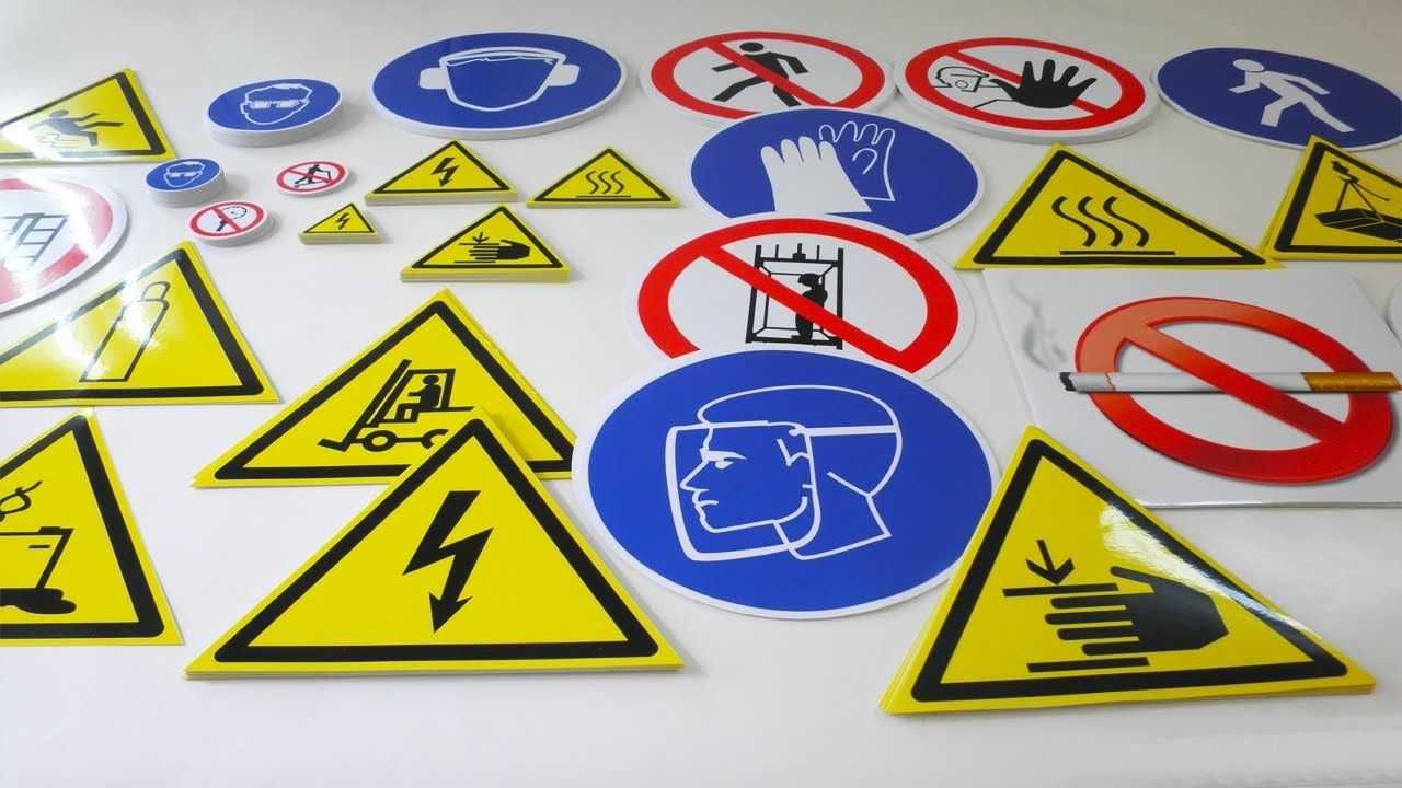 Наклейки техника безопасности, предупреждающие знаки, на производство