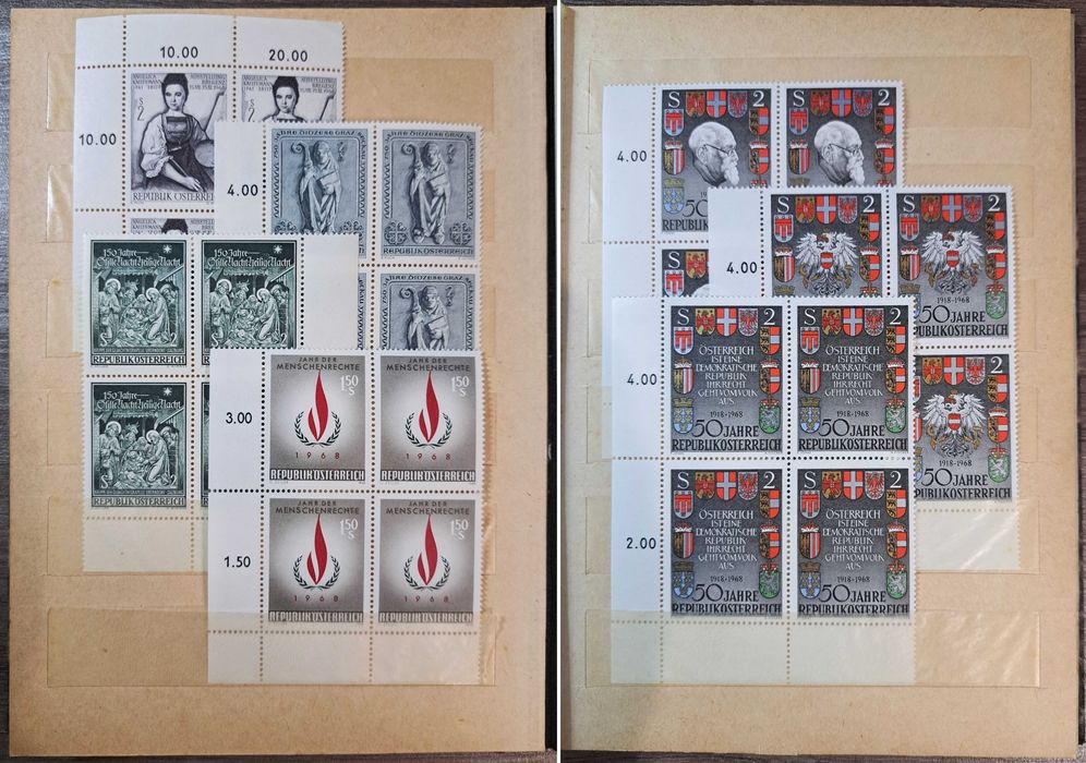 Clasor timbre Austria (emisiuni complete nestampilateMNH in bloc de 4)