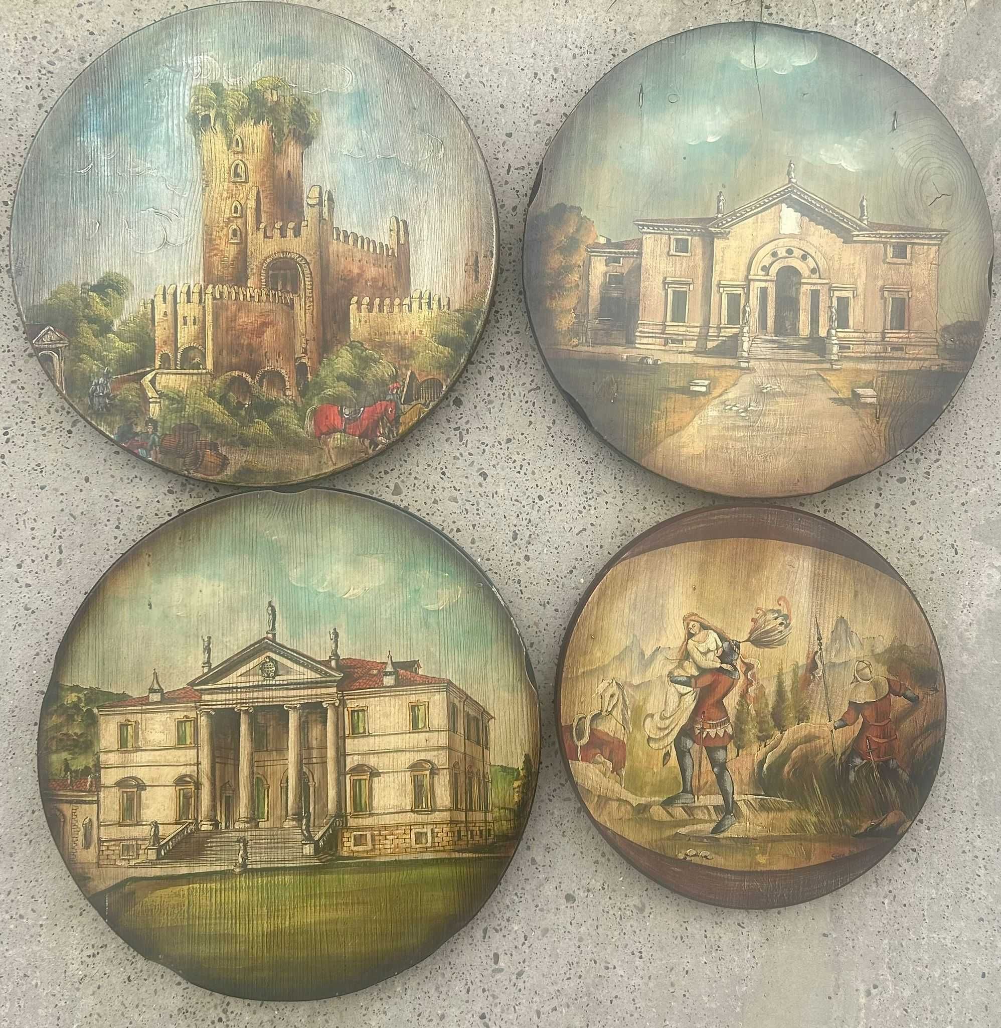 4 tablouri rotunde Cladiri si Peisaje Medievale, Picturi pe lemn 45 cm