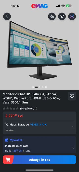 Vand monitor Hp 34 inch wide, stare f buna