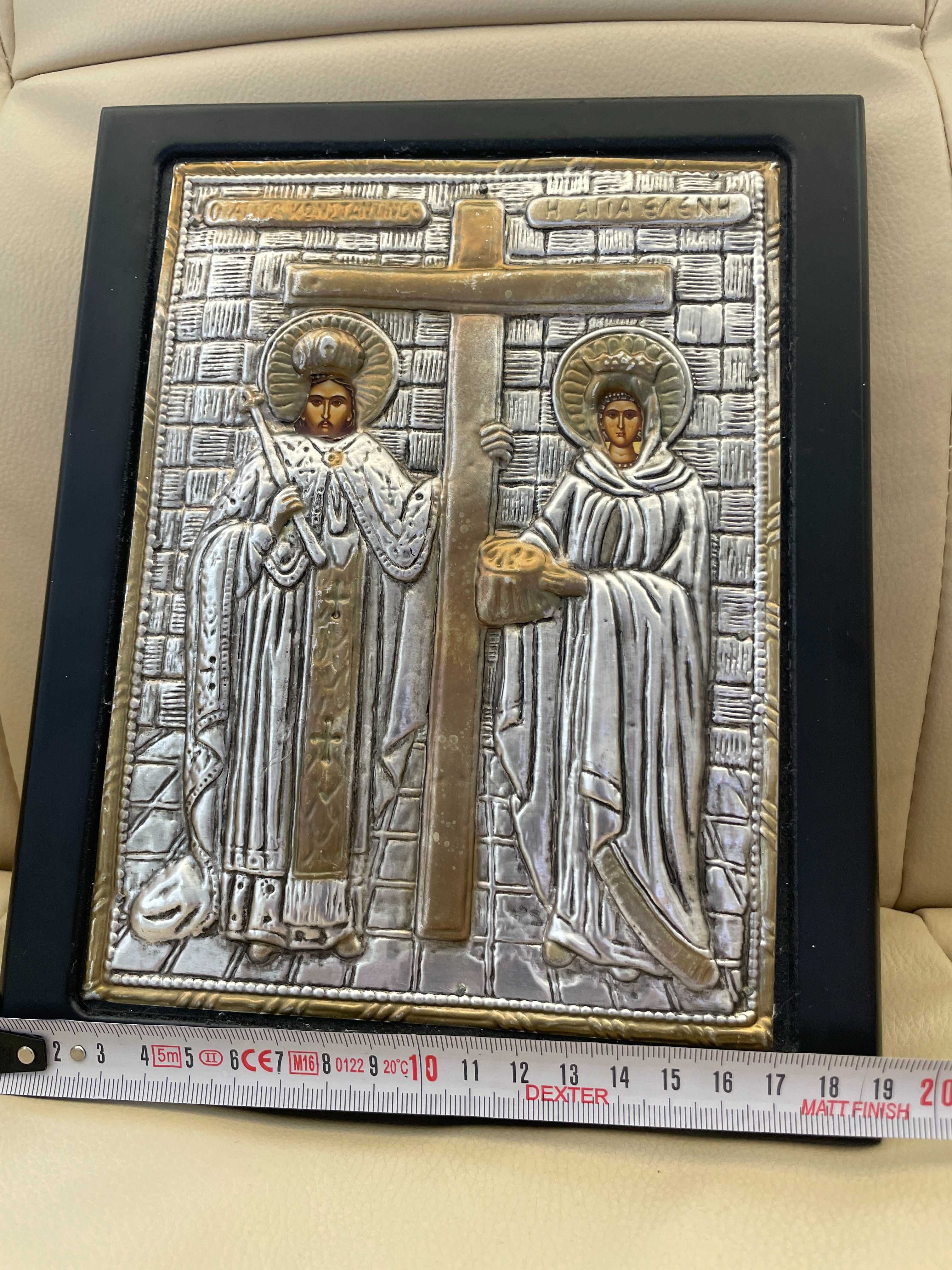 Icoana ortodox Sf Ion Sf C-tin & Elena-Athos bizantin metal certificat