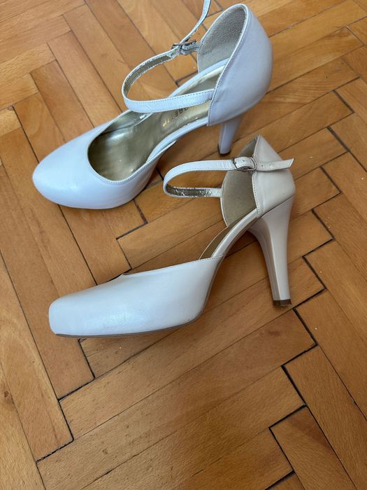 Pantofi cu toc si bareta, alb sidef, mireasa