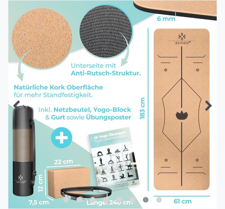Коркова постелка за йога 183 х 62 см с блок и каишка , не плъзгаща