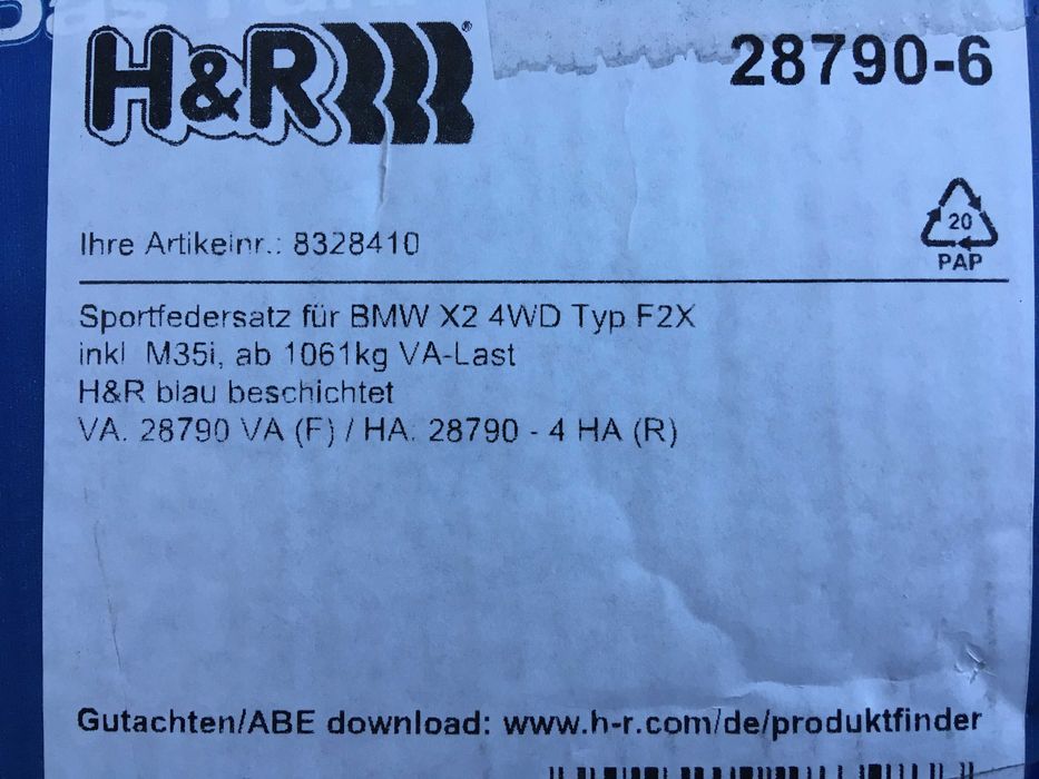 Спортни пружини H&R за BMW X2 F39 2017-