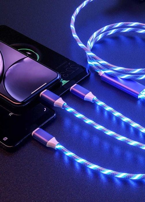 Светещ, троен кабел с накрайници за iPhone  TYPE C  microUSB