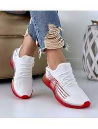Pantofi sport dama de zi, material textil, comozi, alb cu rosu, 40