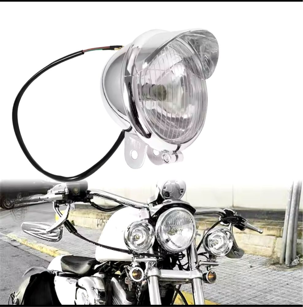 Set Proiectoare crom cromate nichel lumini moto CHOPPER bobber cruiser