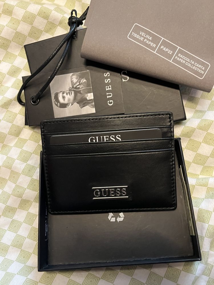 Portcard negru, din piele, Guess