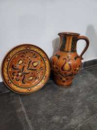 Set carafa și farfurie din ceramica ,hand made, de proveniență Austria