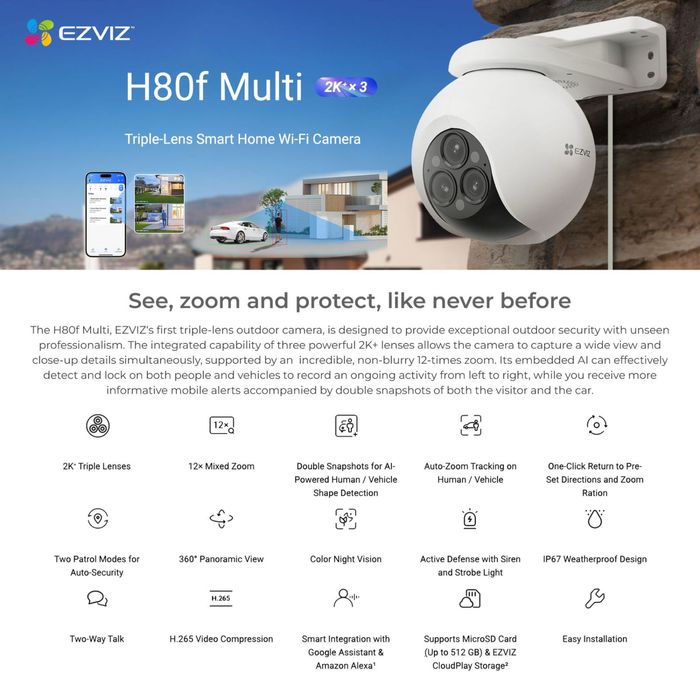 12X Zoom 360' PTZ kamera Ezviz H80f  (4MP+4MP+4MP) | камера наблюдения