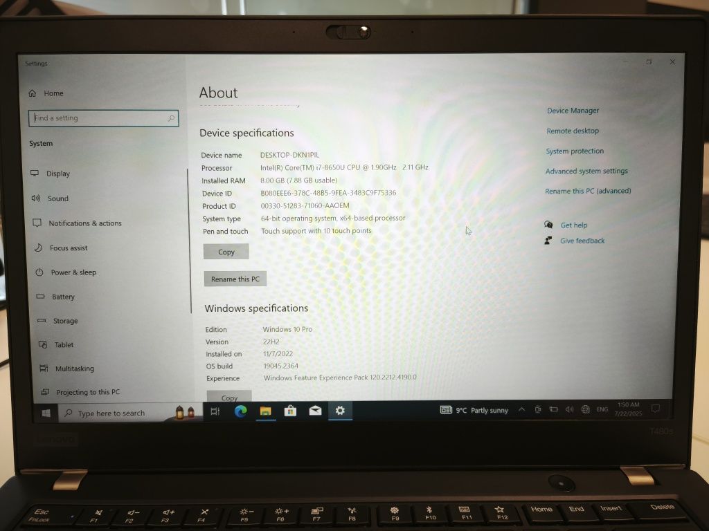 Lenovo T480, 256 SSD, i7-8650, 8GB ram, Touchscreen