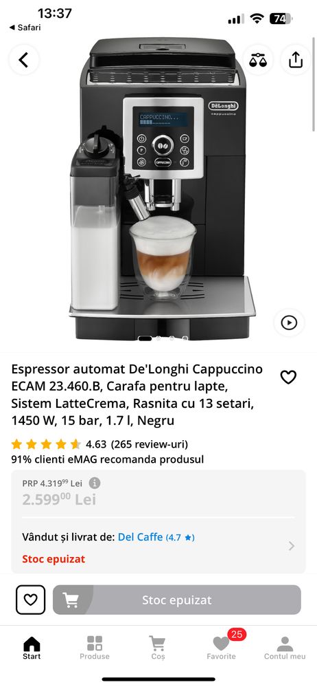 Vand  Espressor automat De'Longhi Cappuccino ECAM 23.460.B