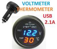 Универсално USB зарядно за кола, термометър ,волтметър
