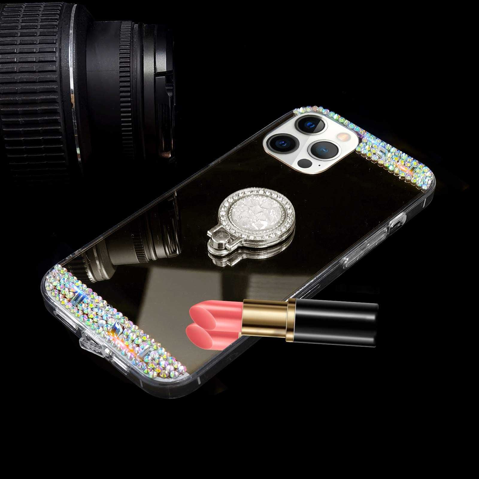 Husa tip oglinda cu inel si pietricele pt. iPhone 15 Pro / 15 Pro Max