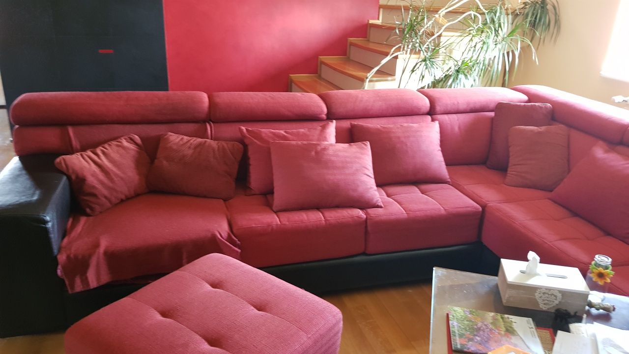 Coltar/canapea piele+stofa rosu