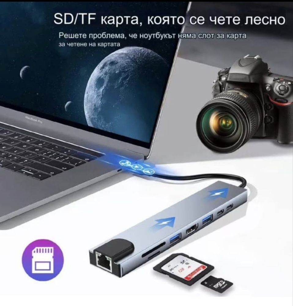 Адаптер за хъб, Multiport 8 в 1,докинг станция за лаптоп
