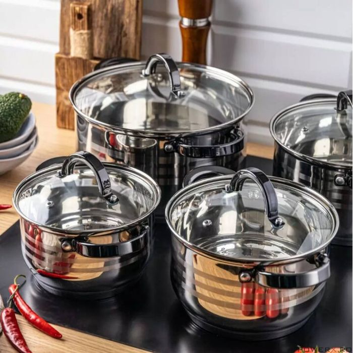 Set 4 oale, din inox, cu capac, manere negre,16/18/20/24cm, Klausberg