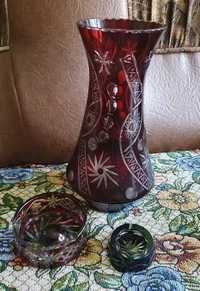Vaza mare de cristal rubin  si 2 scrumiere