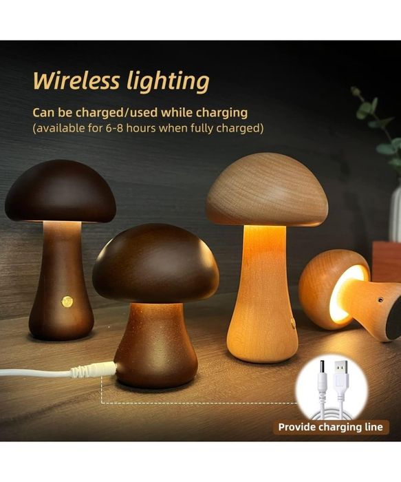 Veioza din lemn in forma de ciuperca, fara fir