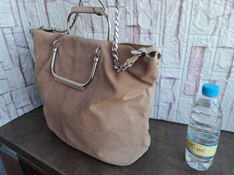дамска чанта ZARA,бежова велурена торба-естествена кожа