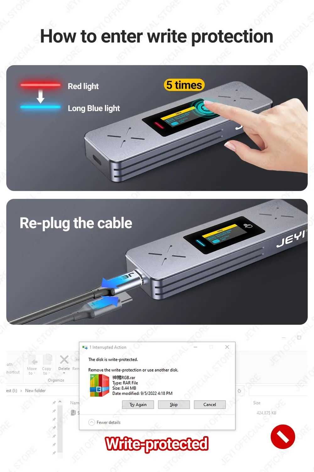 Carcasă SSD JEYI i9X Display Visual M.2 NVMe SATA Protocol Dual