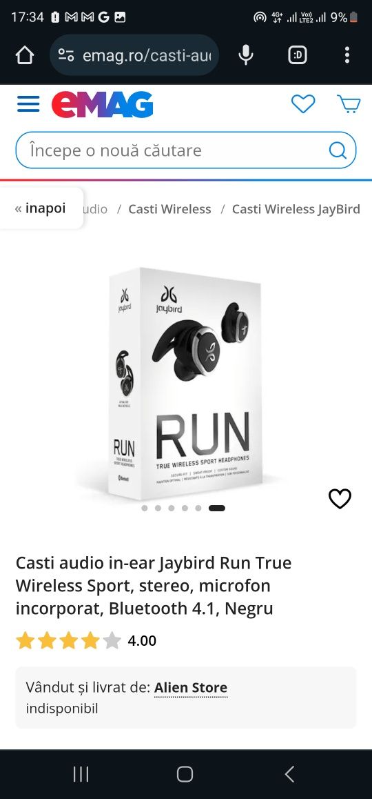 Casti audio in-ear Jaybird Run True Wireless Sport, stereo, microfon i