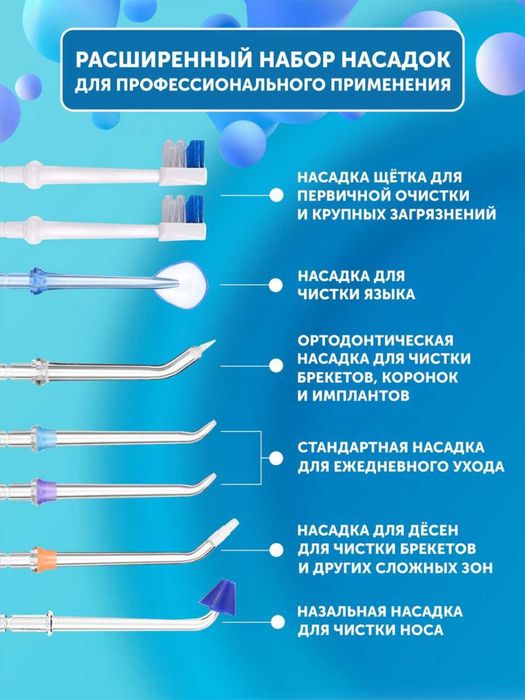 Ирригатор H20 портативный для полости рта, зубов и брекетов, 8 насадок