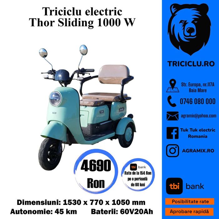 Triciclu electric nou motor 1000 W THOR SLIDING Agramix