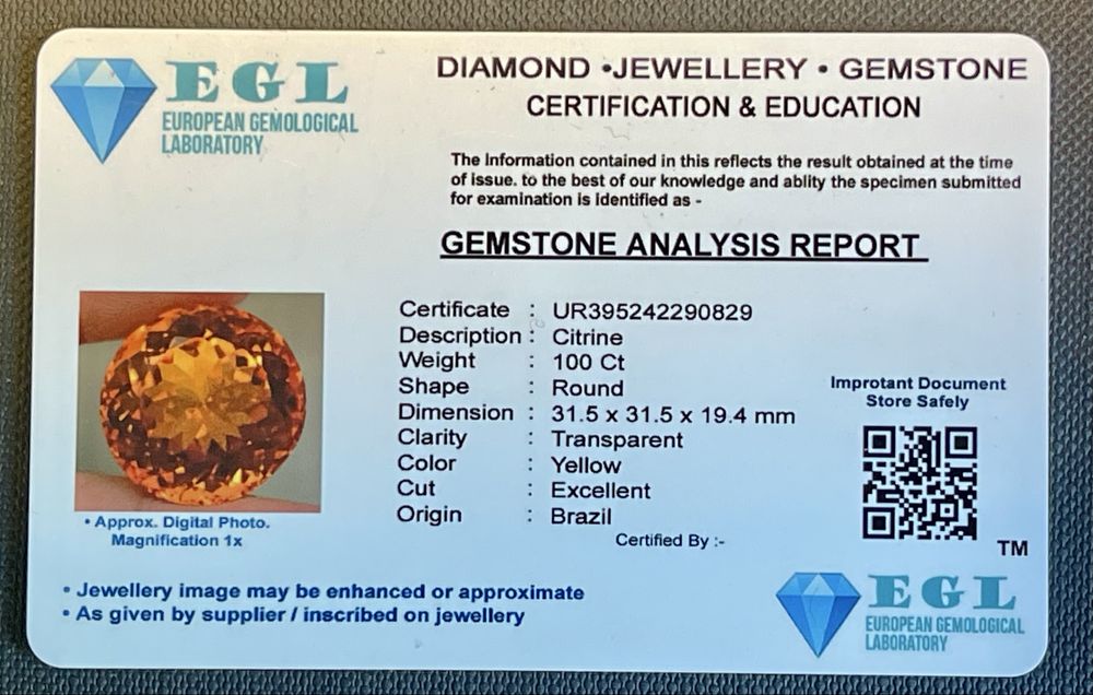 Citrin rar 100 ct certificat  EGL pietre pretioase