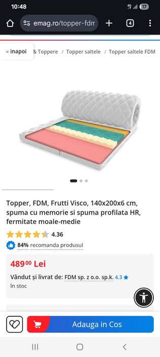 Topper saltea FDM Frutti Visco 140x200x6cm nou