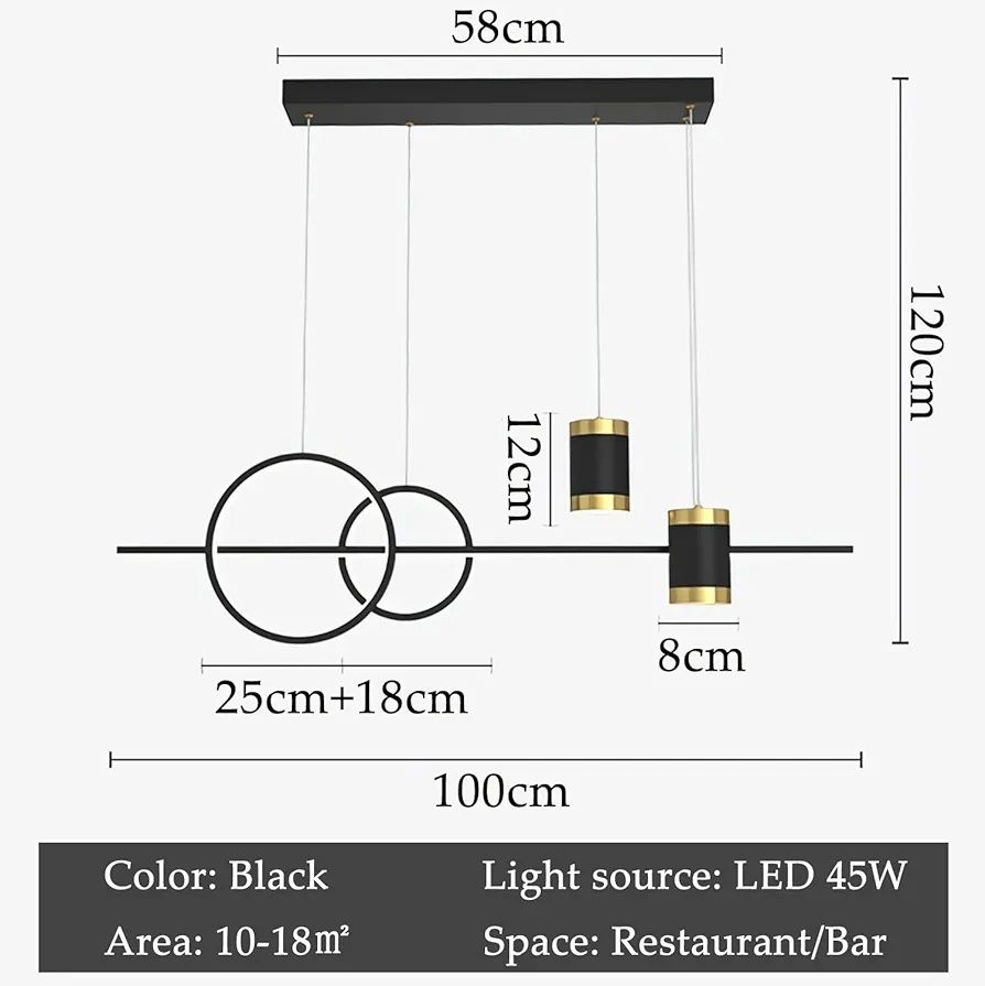 45W Черна лампа трапезария, маса за хранене LED висяща дистанционно