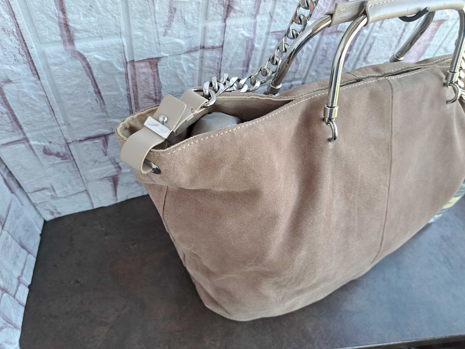 дамска чанта ZARA,бежова велурена торба-естествена кожа