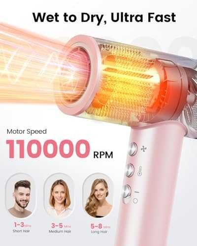 Нов Мощен йонен сешоар 110,000 RPM – Бързо сушене, без увреждане коса