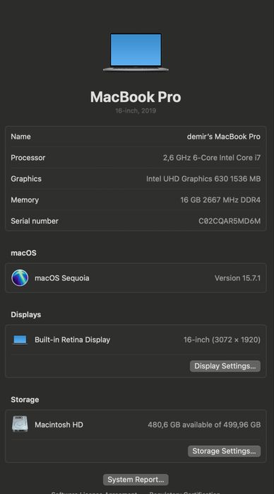 Macbook pro 2019 16-inch yomkisti 96 16/512 xolati 10/10